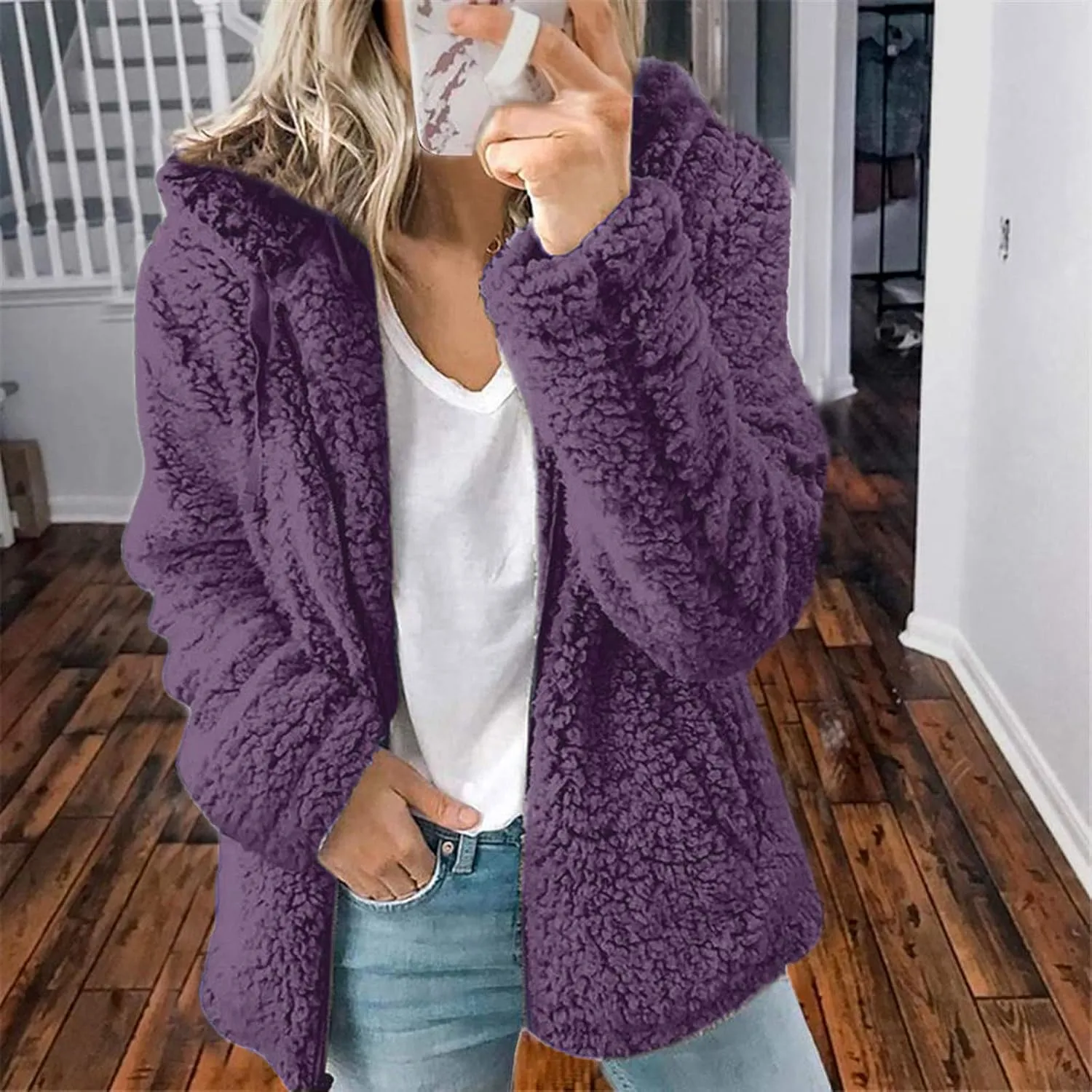 Women Fuzzy Fleece Zip Up Jacket Hooded Sherpa Lined Sweatshirt Casual Soft Fuzzy Shaggy Teddy Coat Fluffy Outerwear