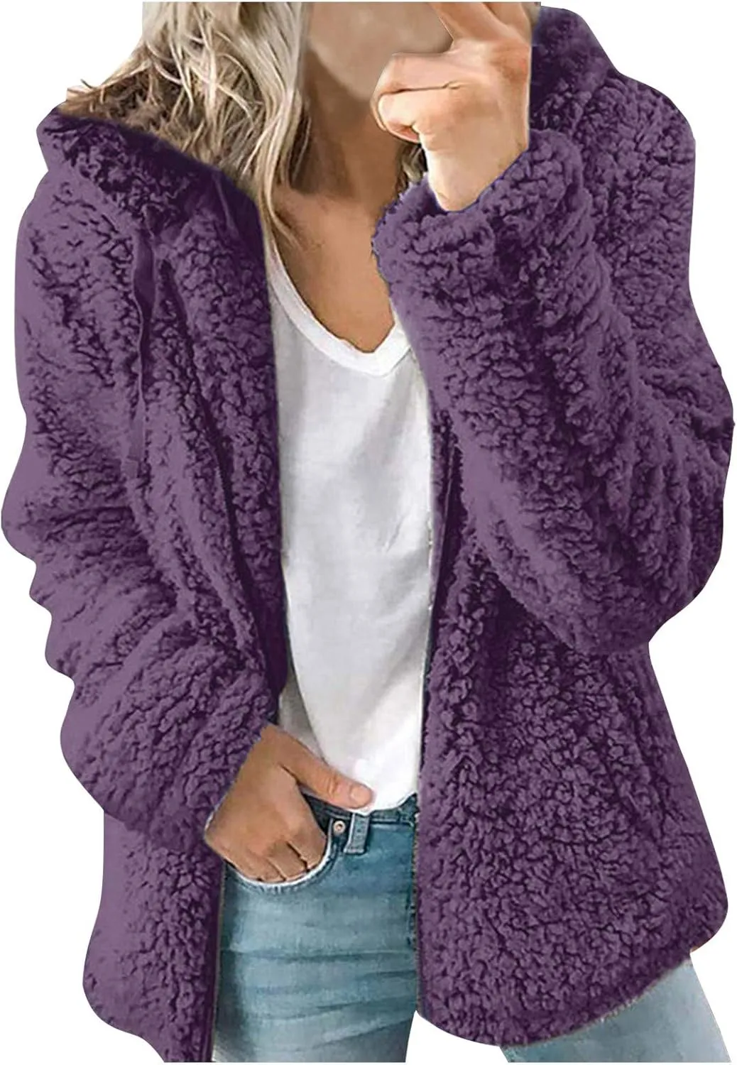Women Fuzzy Fleece Zip Up Jacket Hooded Sherpa Lined Sweatshirt Casual Soft Fuzzy Shaggy Teddy Coat Fluffy Outerwear