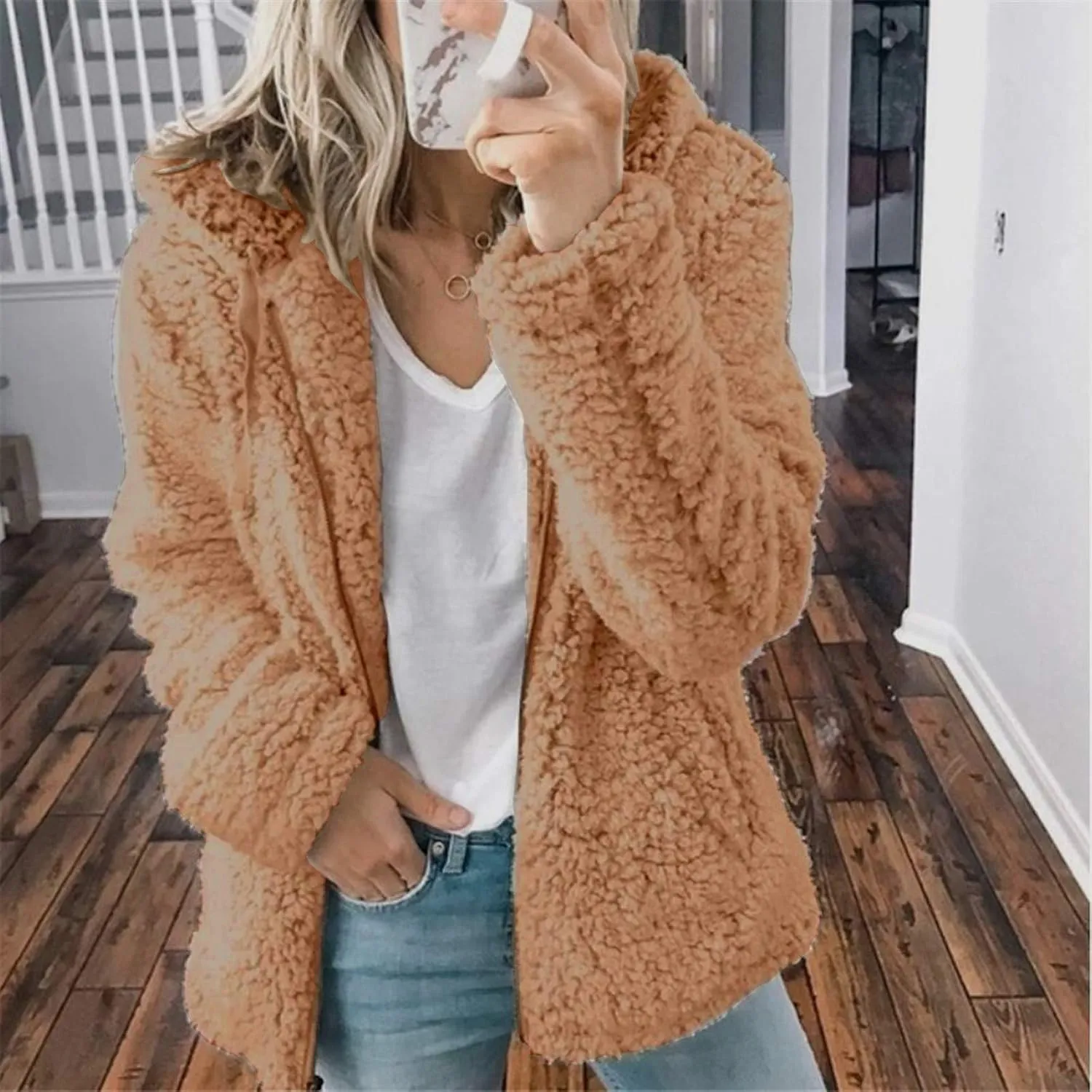 Women Fuzzy Fleece Zip Up Jacket Hooded Sherpa Lined Sweatshirt Casual Soft Fuzzy Shaggy Teddy Coat Fluffy Outerwear