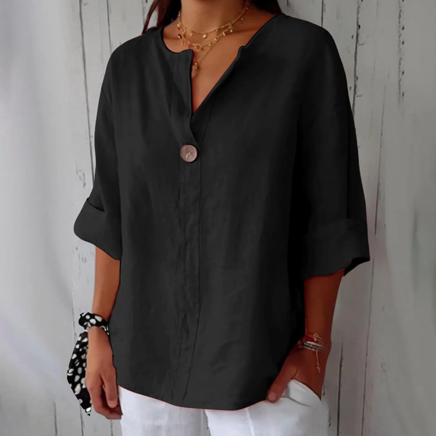 Women Linen Shirts Summer Tops Trendy 3/4 Sleeve V-Neck Blouses Lightweight Breathable Tunic Beach Vacation Clothes