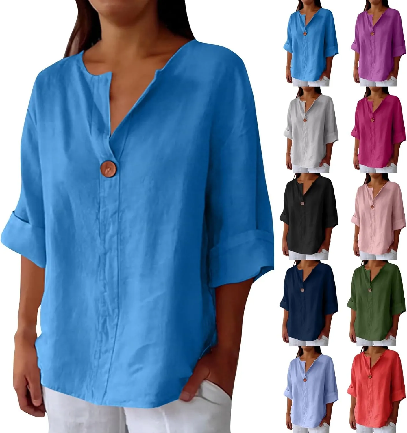 Women Linen Shirts Summer Tops Trendy 3/4 Sleeve V-Neck Blouses Lightweight Breathable Tunic Beach Vacation Clothes