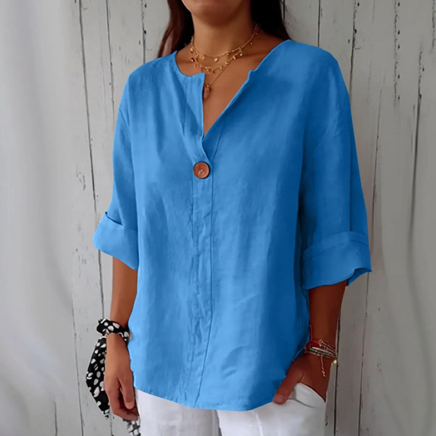 Women Linen Shirts Summer Tops Trendy 3/4 Sleeve V-Neck Blouses Lightweight Breathable Tunic Beach Vacation Clothes