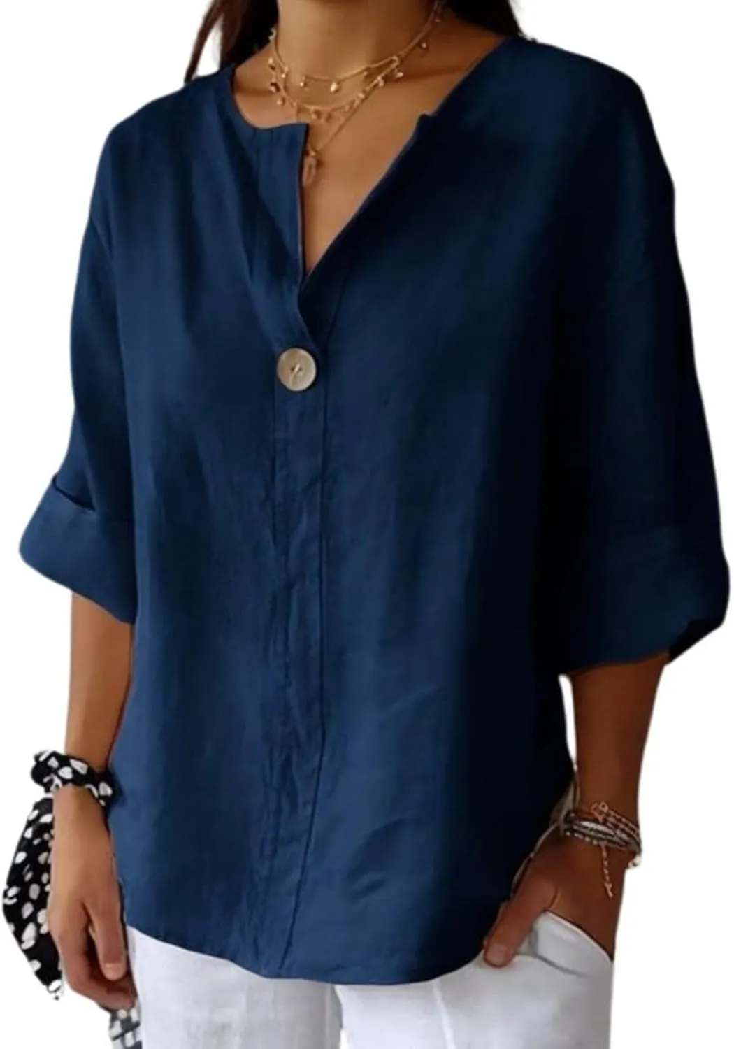 Women Linen Shirts Summer Tops Trendy 3/4 Sleeve V-Neck Blouses Lightweight Breathable Tunic Beach Vacation Clothes