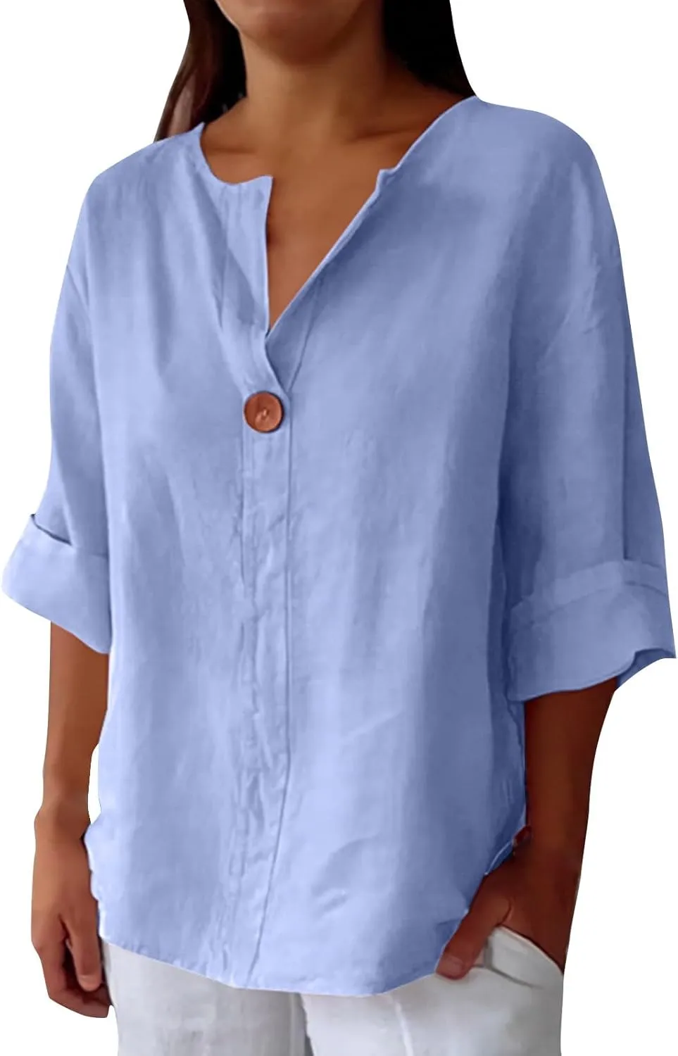 Women Linen Shirts Summer Tops Trendy 3/4 Sleeve V-Neck Blouses Lightweight Breathable Tunic Beach Vacation Clothes