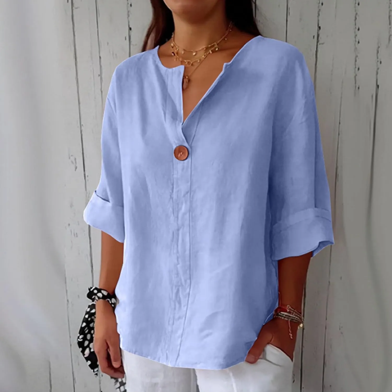Women Linen Shirts Summer Tops Trendy 3/4 Sleeve V-Neck Blouses Lightweight Breathable Tunic Beach Vacation Clothes
