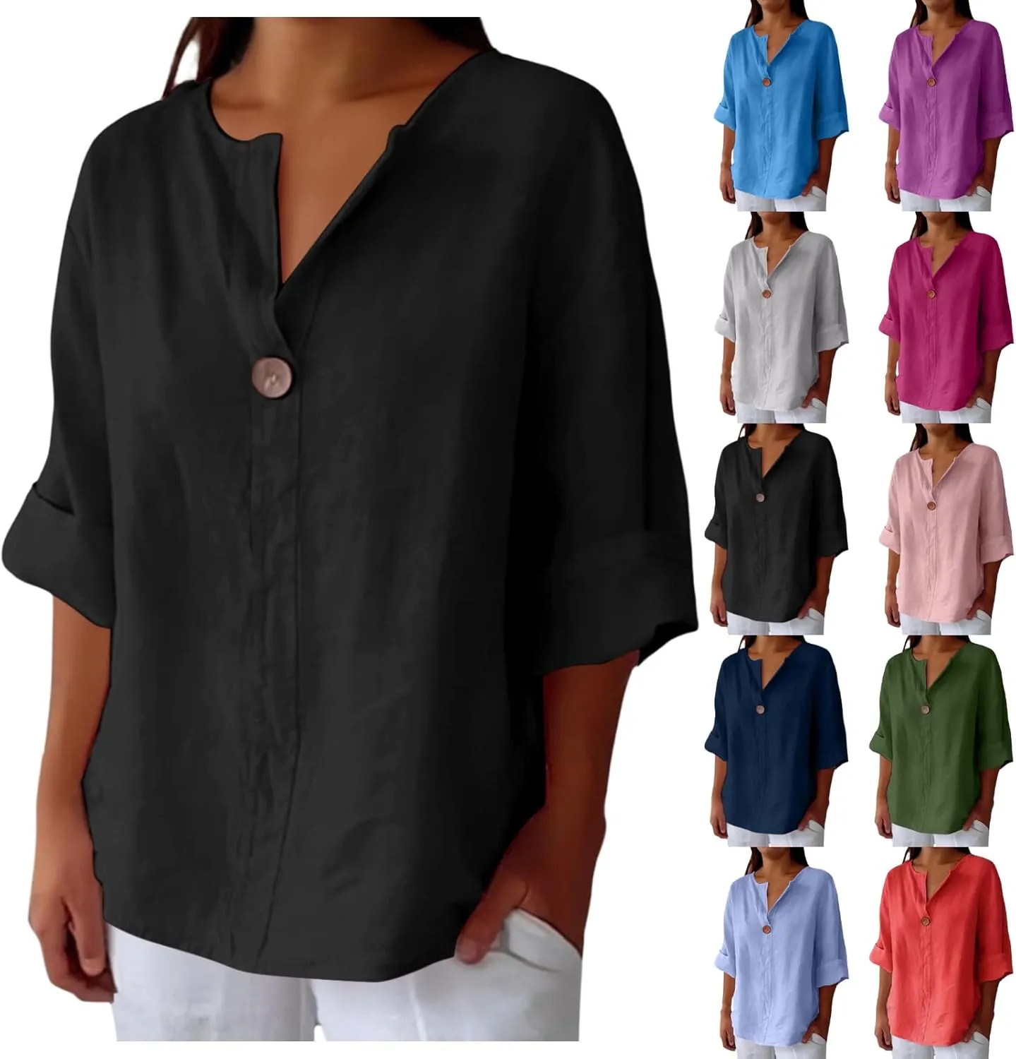 Women Linen Shirts Summer Tops Trendy 3/4 Sleeve V-Neck Blouses Lightweight Breathable Tunic Beach Vacation Clothes