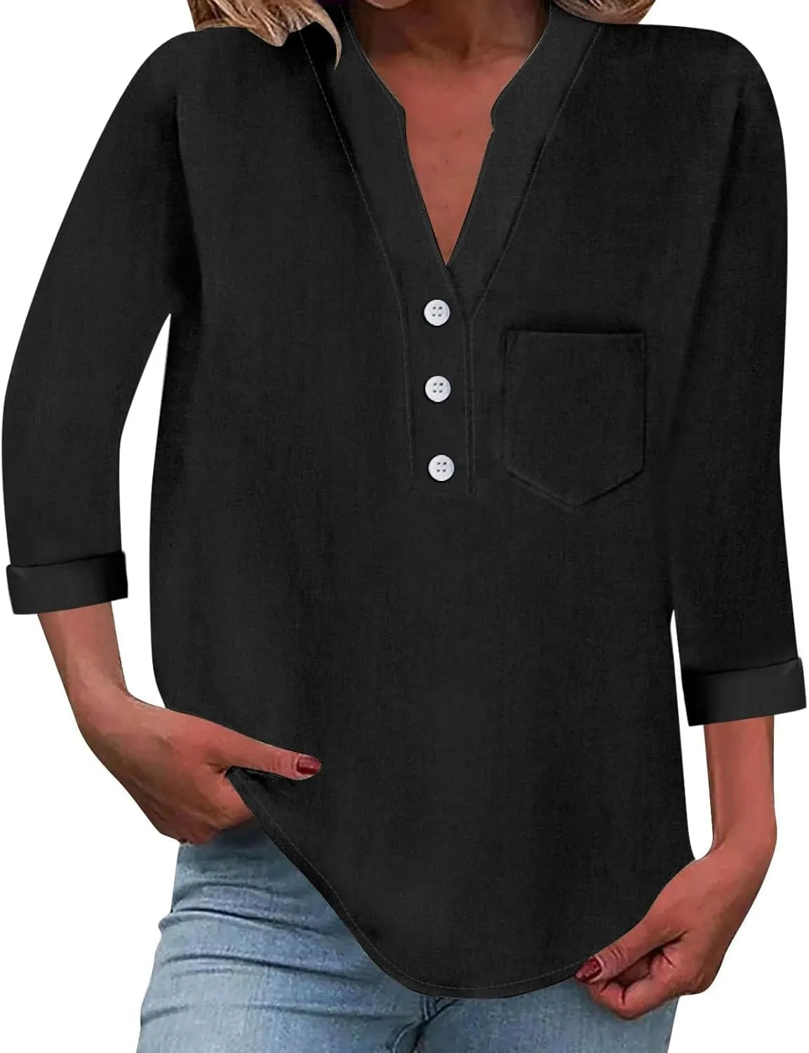 Women Linen Shirts Summer Trendy 3/4 Sleeve V Neck Blouses Lightweight Breathable Tunic Tops Beach Vacation Clothes