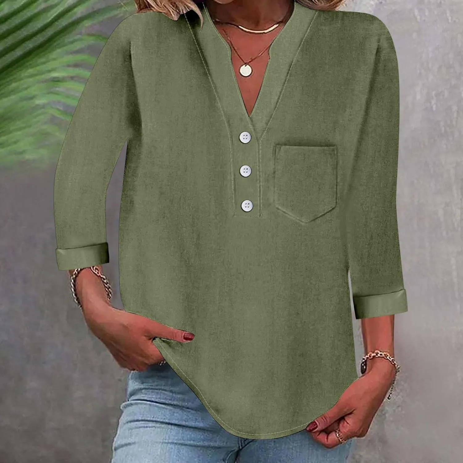 Women Linen Shirts Summer Trendy 3/4 Sleeve V Neck Blouses Lightweight Breathable Tunic Tops Beach Vacation Clothes