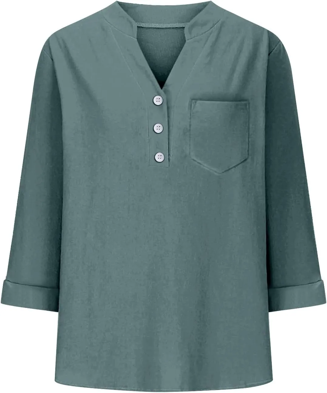 Women Linen Shirts Summer Trendy 3/4 Sleeve V Neck Blouses Lightweight Breathable Tunic Tops Beach Vacation Clothes