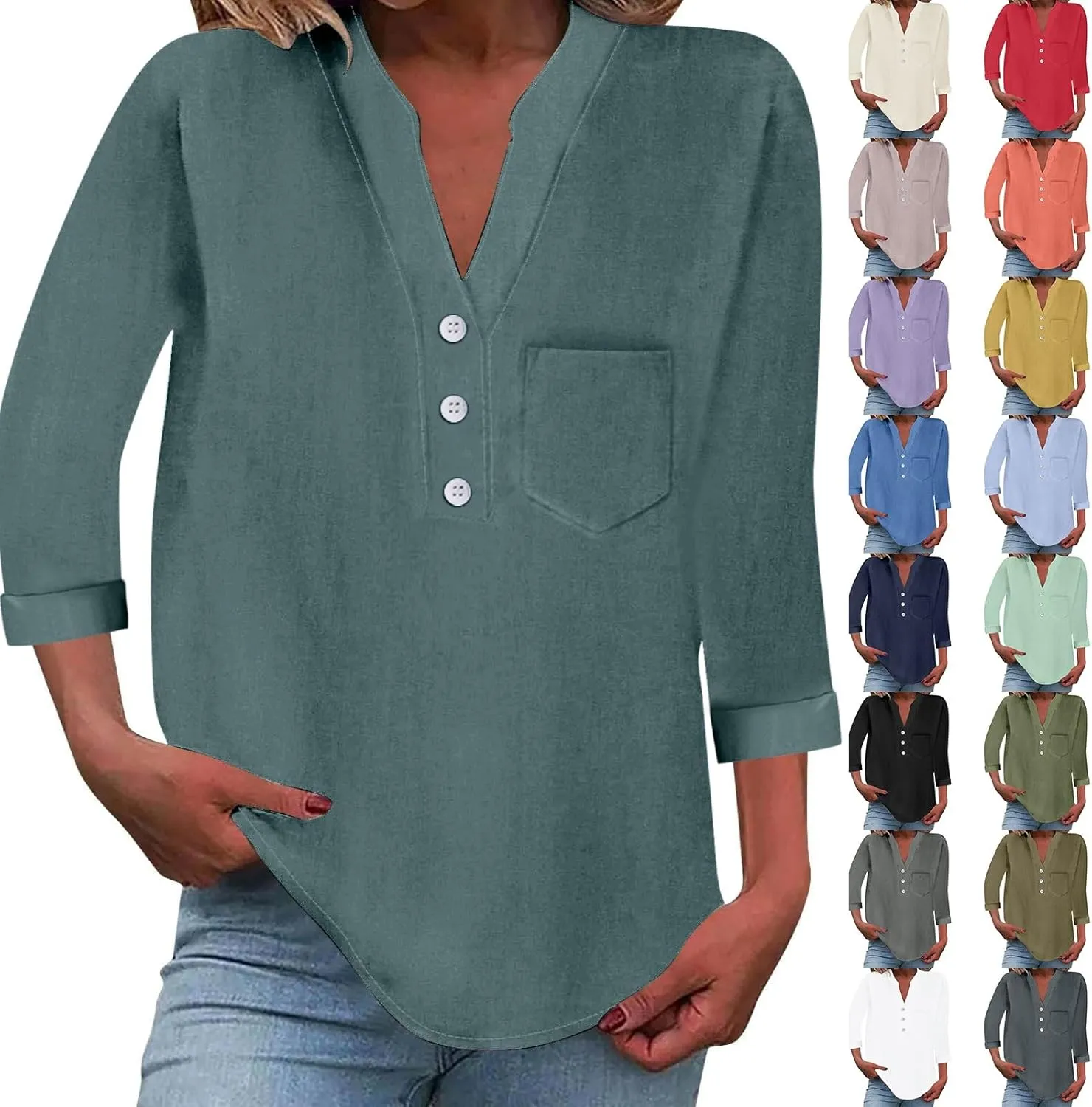 Women Linen Shirts Summer Trendy 3/4 Sleeve V Neck Blouses Lightweight Breathable Tunic Tops Beach Vacation Clothes