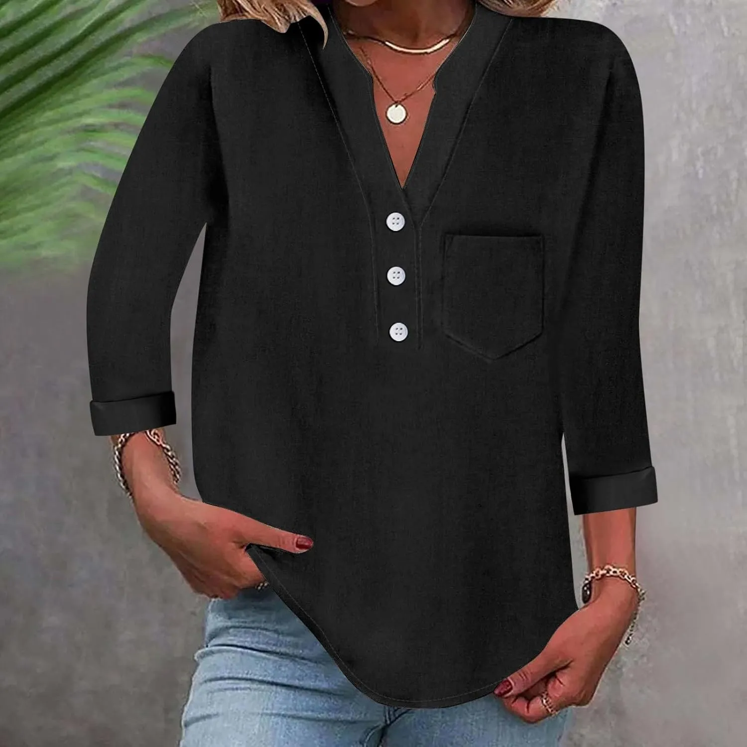 Women Linen Shirts Summer Trendy 3/4 Sleeve V Neck Blouses Lightweight Breathable Tunic Tops Beach Vacation Clothes