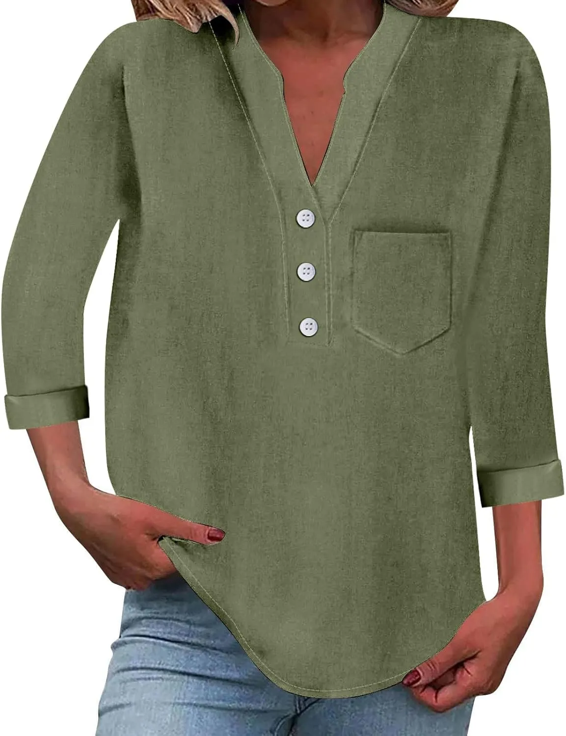 Women Linen Shirts Summer Trendy 3/4 Sleeve V Neck Blouses Lightweight Breathable Tunic Tops Beach Vacation Clothes