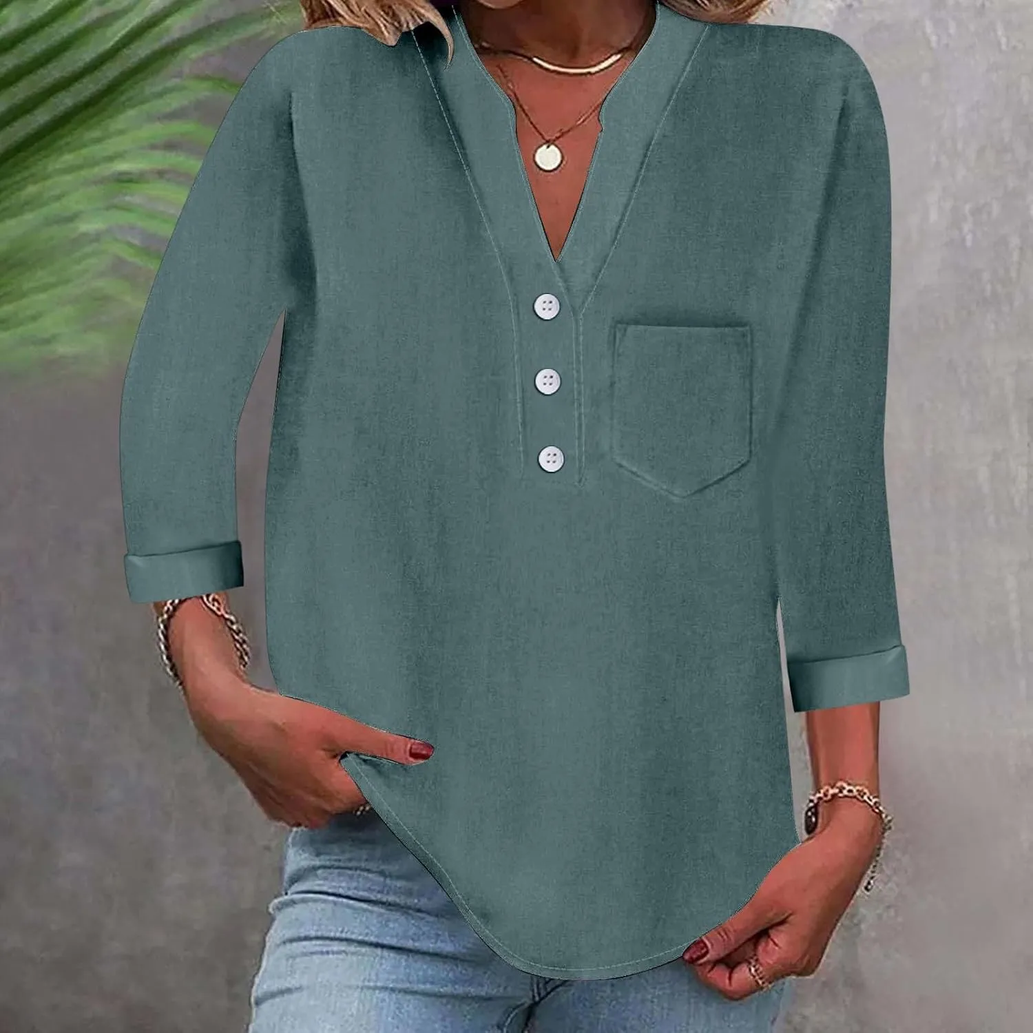 Women Linen Shirts Summer Trendy 3/4 Sleeve V Neck Blouses Lightweight Breathable Tunic Tops Beach Vacation Clothes