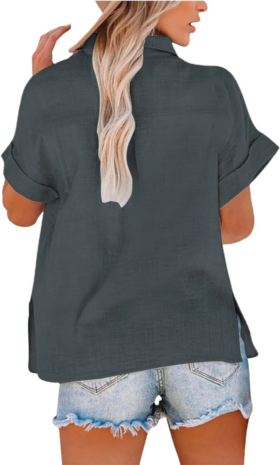 Women Linen Shirts Summer Trendy Short Sleeve V Neck Blouses Lightweight Breathable Tunic Tops Beach Vacation Clothes