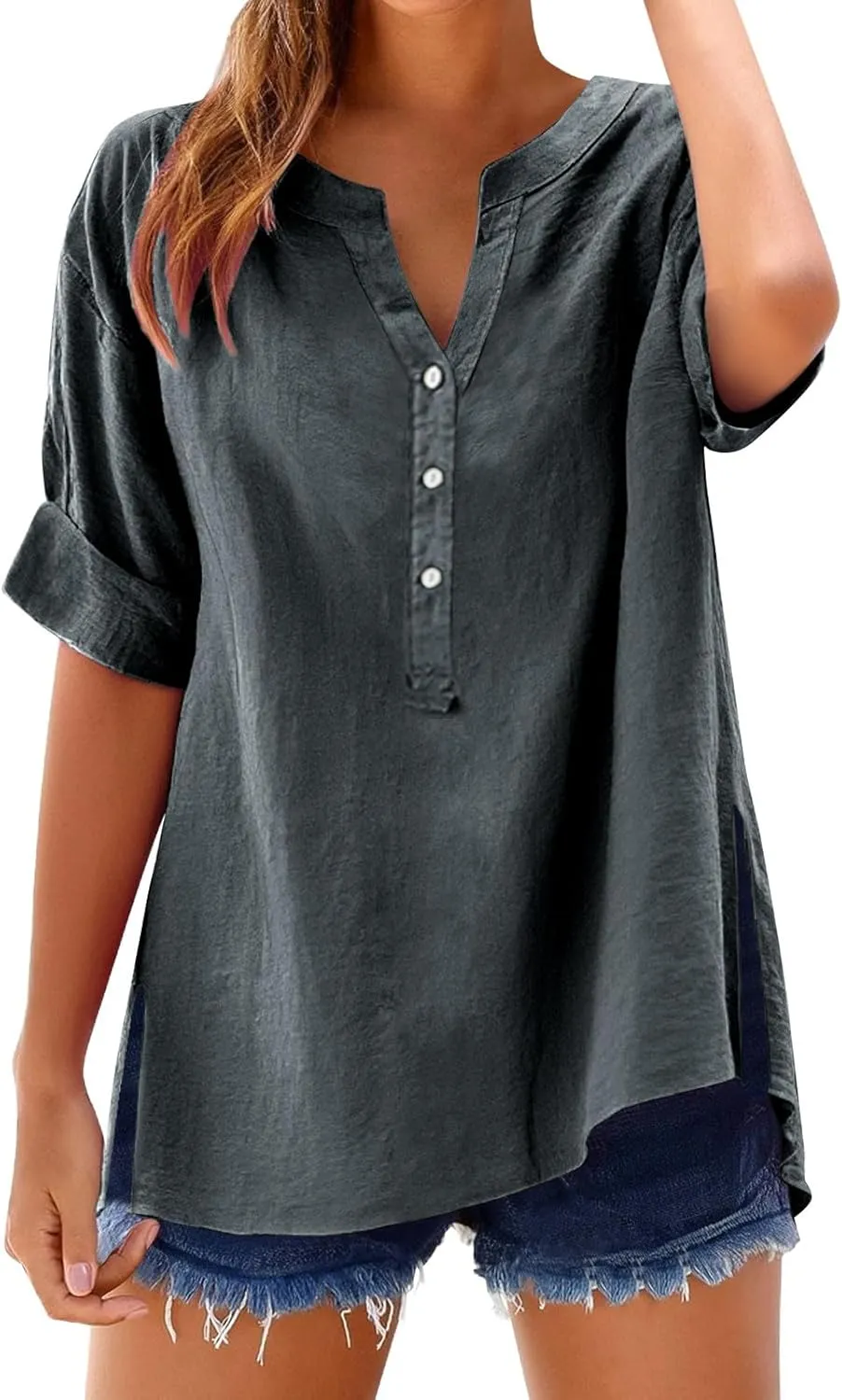 Women Linen Shirts Summer Trendy Short Sleeve V Neck Blouses Lightweight Breathable Tunic Tops Beach Vacation Clothes