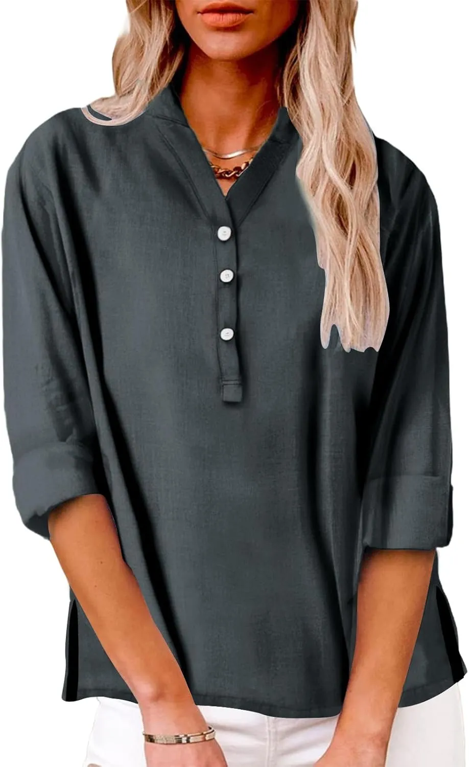 Women Linen Shirts Summer Trendy Short Sleeve V Neck Blouses Lightweight Breathable Tunic Tops Beach Vacation Clothes