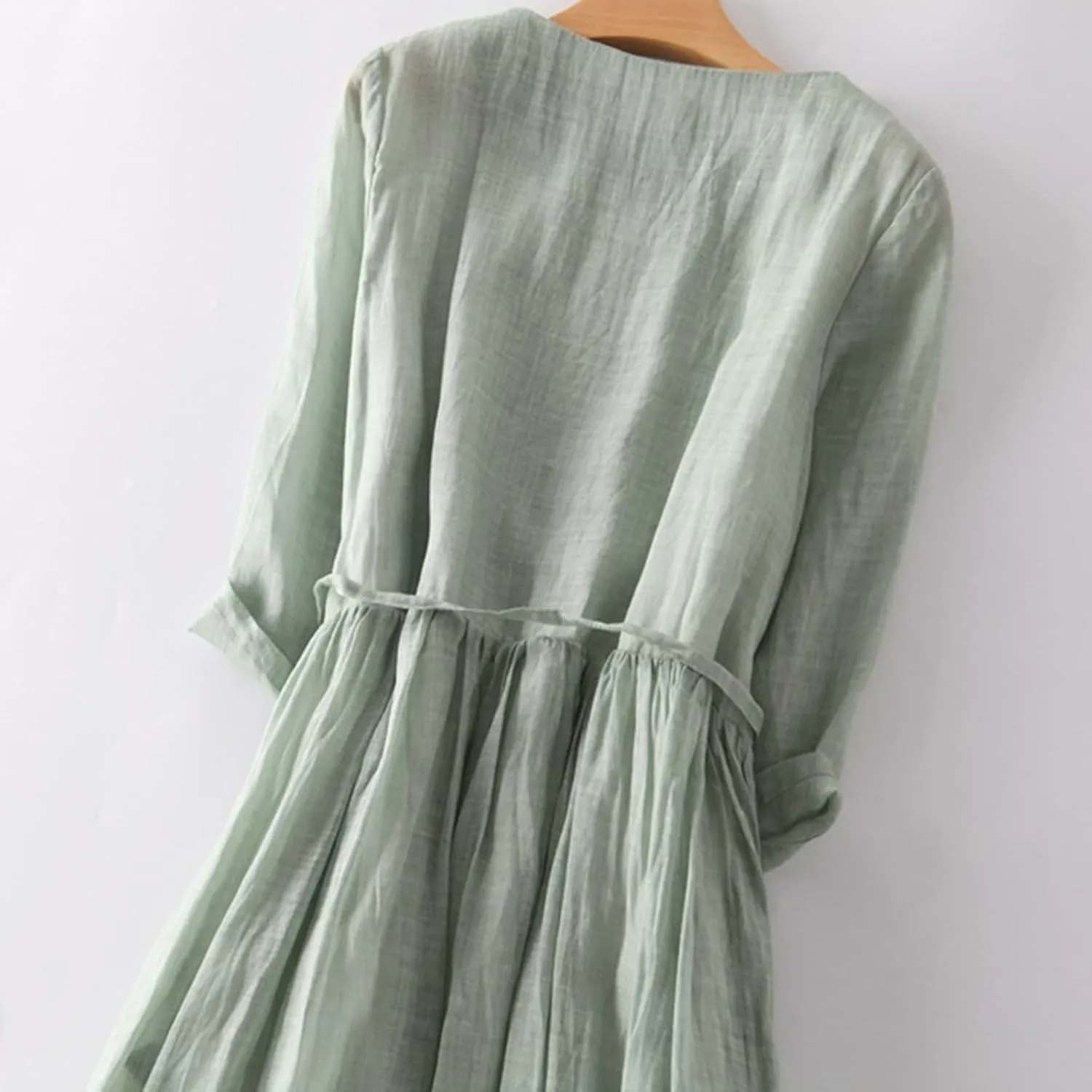 Women Summer Cotton Linen Dress 3/4 Sleeve Crew Neck Loose Long Dress Double Layers Flowy Smocked Tiered Dress