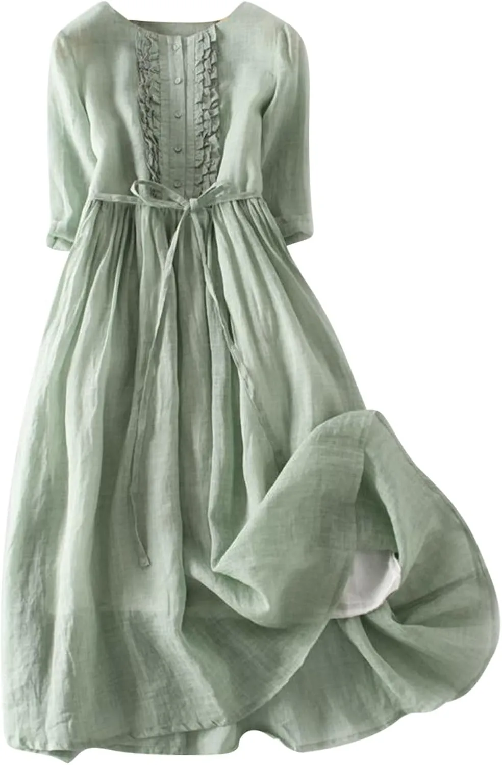 Women Summer Cotton Linen Dress 3/4 Sleeve Crew Neck Loose Long Dress Double Layers Flowy Smocked Tiered Dress