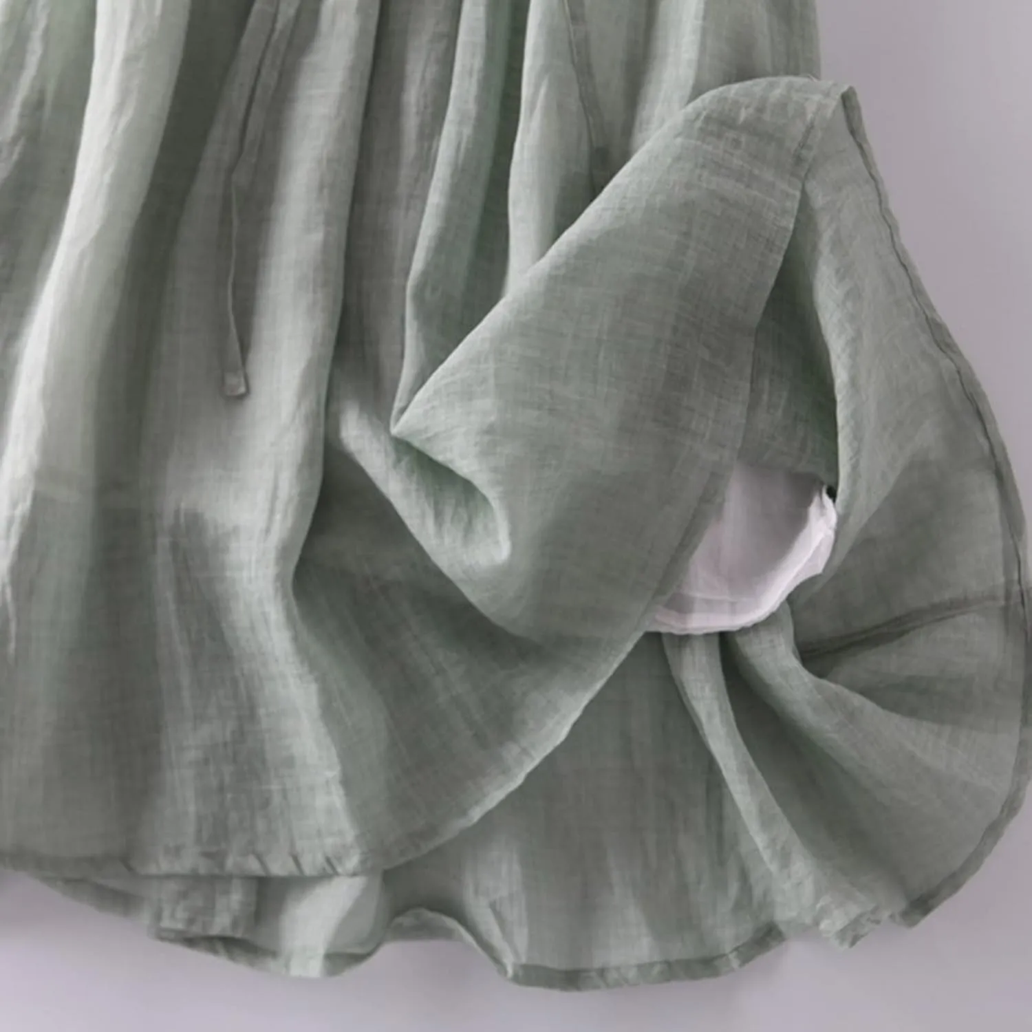 Women Summer Cotton Linen Dress 3/4 Sleeve Crew Neck Loose Long Dress Double Layers Flowy Smocked Tiered Dress