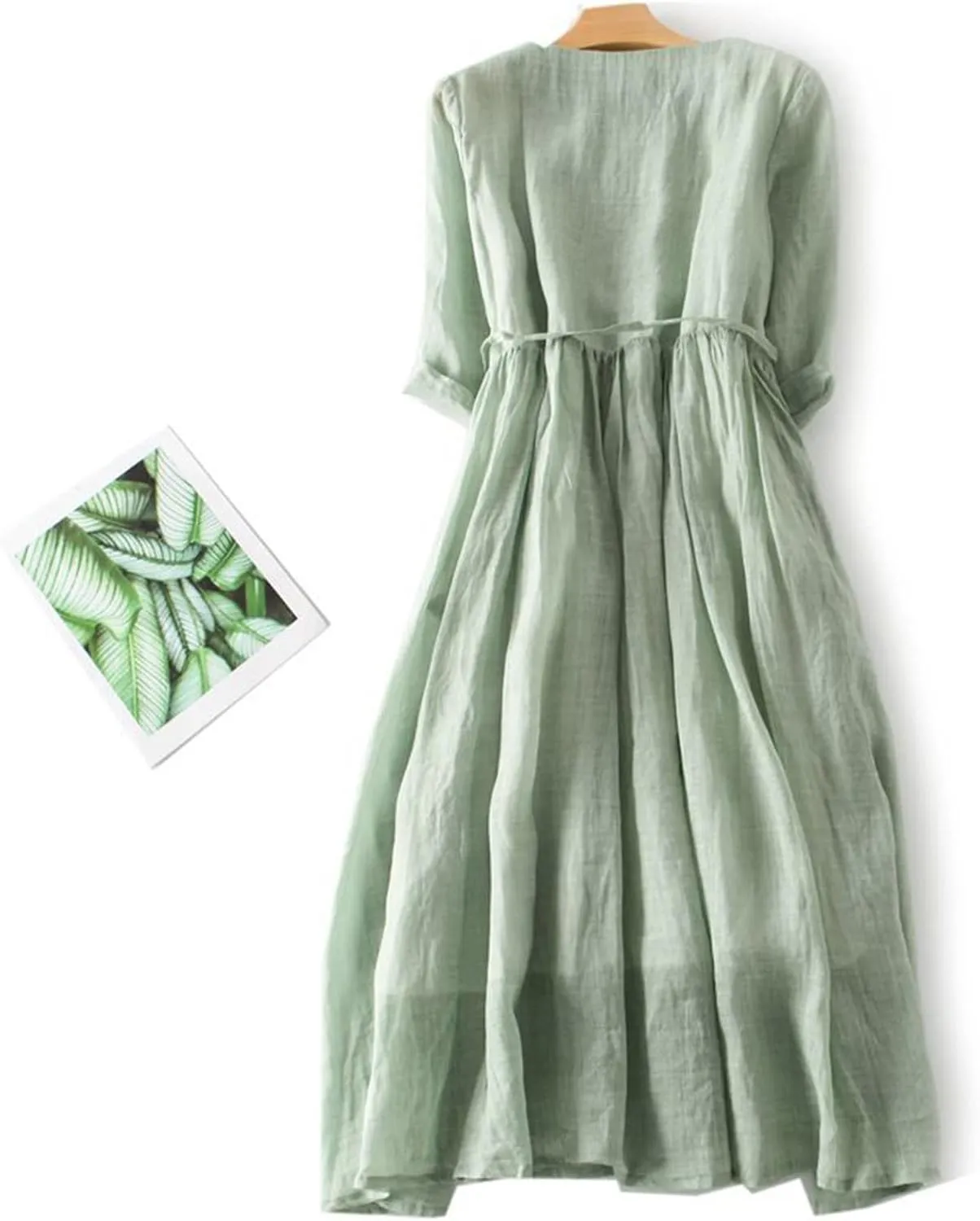 Women Summer Cotton Linen Dress 3/4 Sleeve Crew Neck Loose Long Dress Double Layers Flowy Smocked Tiered Dress