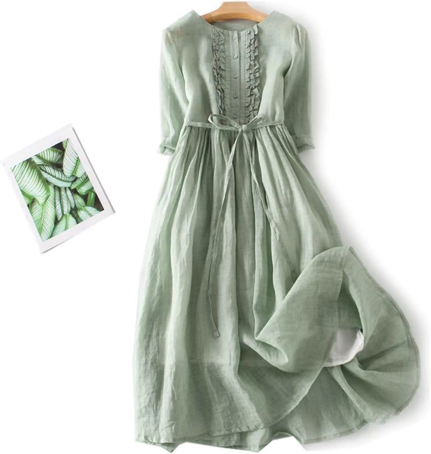 Women Summer Cotton Linen Dress 3/4 Sleeve Crew Neck Loose Long Dress Double Layers Flowy Smocked Tiered Dress