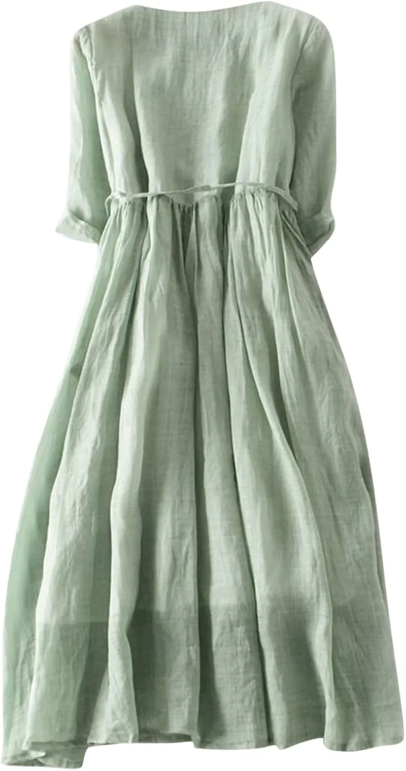 Women Summer Cotton Linen Dress 3/4 Sleeve Crew Neck Loose Long Dress Double Layers Flowy Smocked Tiered Dress