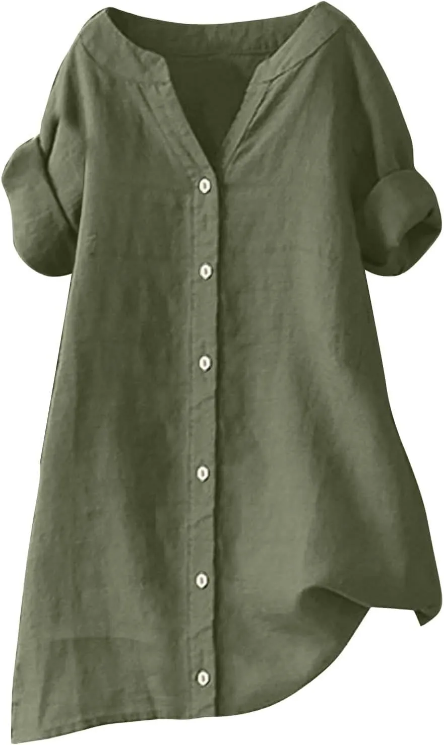 Women's Buttons Shirt Linen Long/Roll Up Sleeve V-Neck Soft Shirt Casual Loose Fit Office Blouses Tunic Tops