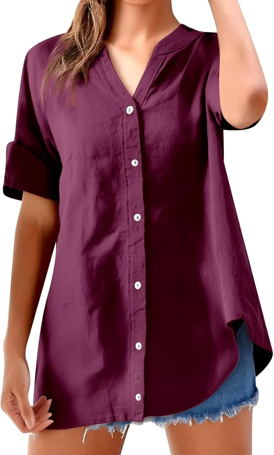 Women's Buttons Shirt Linen Long/Roll Up Sleeve V-Neck Soft Shirt Casual Loose Fit Office Blouses Tunic Tops