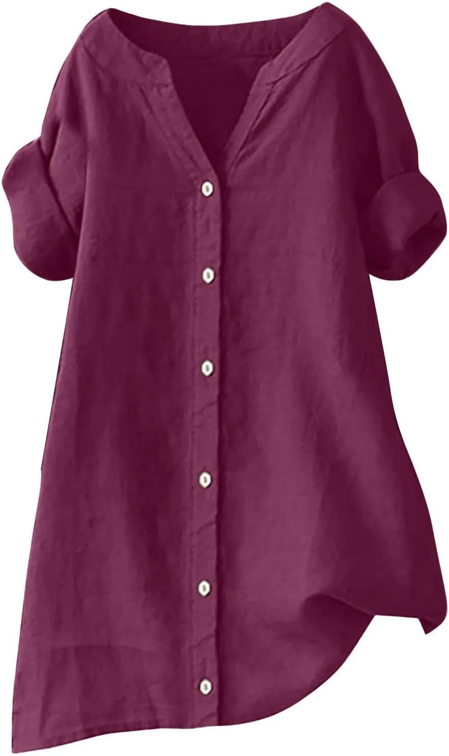 Women's Buttons Shirt Linen Long/Roll Up Sleeve V-Neck Soft Shirt Casual Loose Fit Office Blouses Tunic Tops