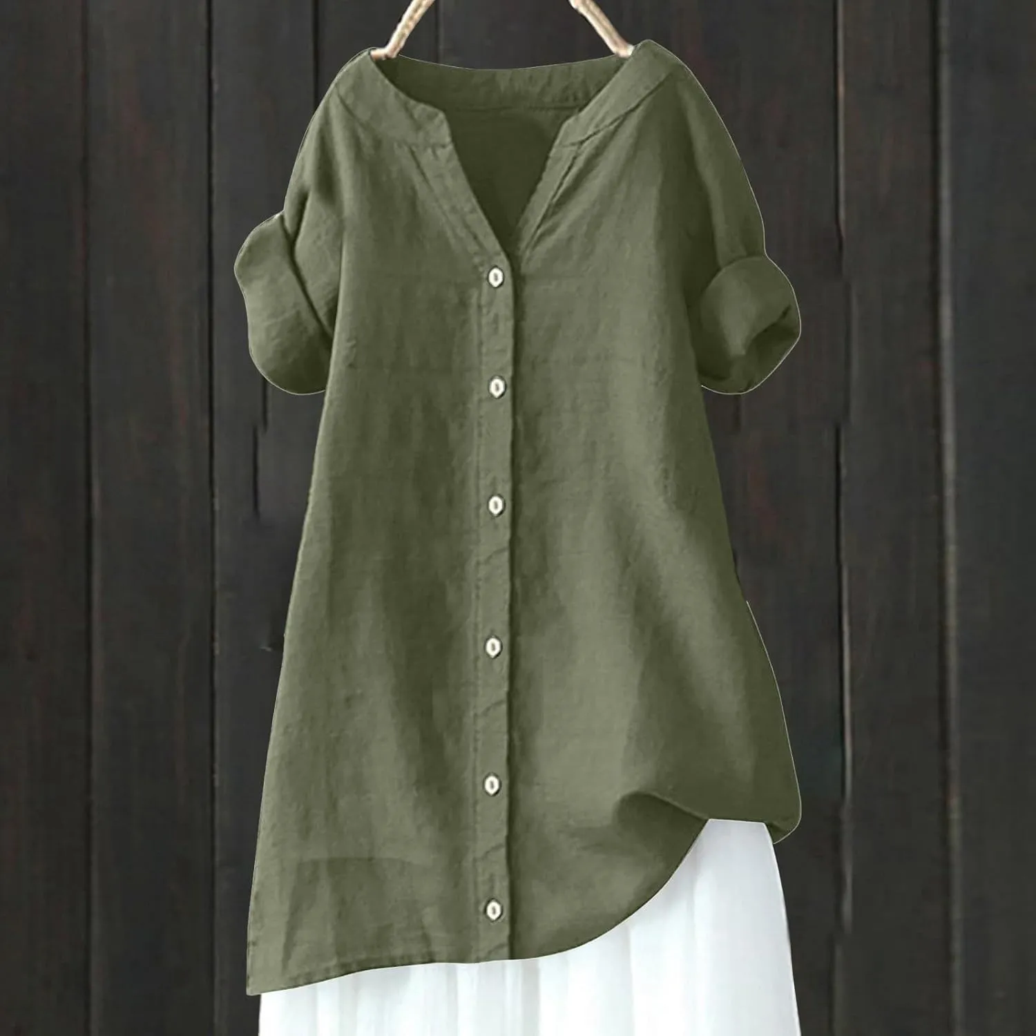 Women's Buttons Shirt Linen Long/Roll Up Sleeve V-Neck Soft Shirt Casual Loose Fit Office Blouses Tunic Tops