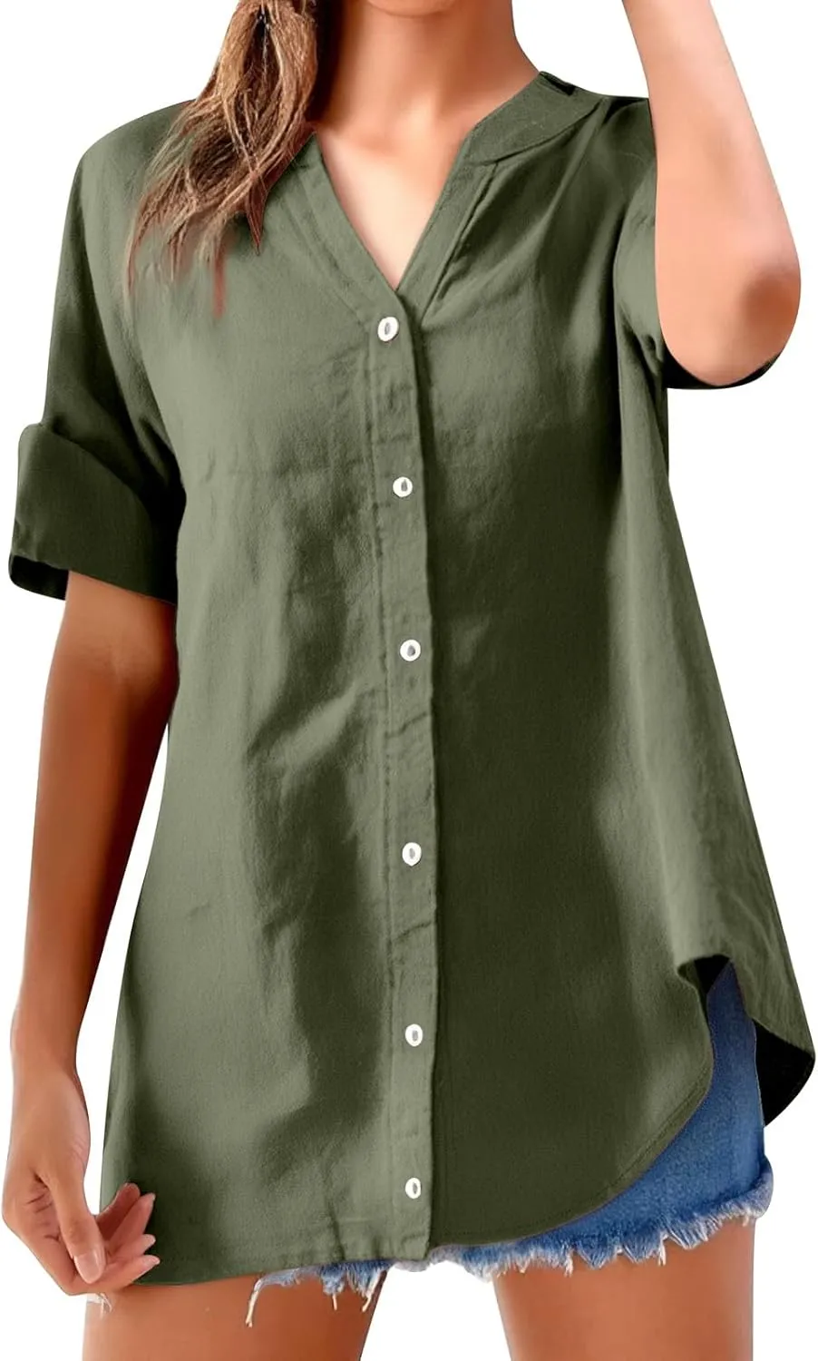 Women's Buttons Shirt Linen Long/Roll Up Sleeve V-Neck Soft Shirt Casual Loose Fit Office Blouses Tunic Tops