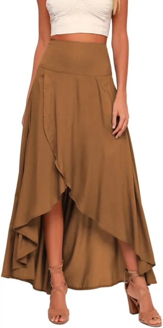 Women's Casual A-Line Mermaid Maxi Skirt Irregular Ruffle Hem Boho Ruffle Skirt
