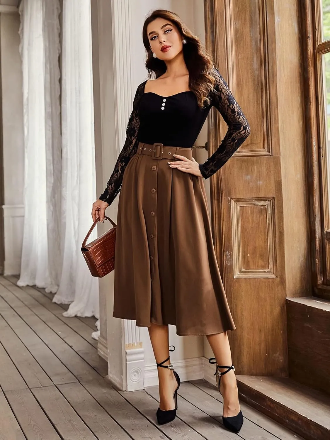 Women's Casual Midi Skirt Long Skirt Button Front Belted Skirt for Home Prty Office