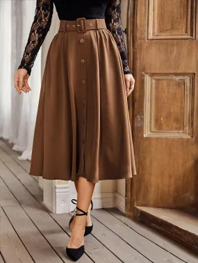 Women's Casual Midi Skirt Long Skirt Button Front Belted Skirt for Home Prty Office