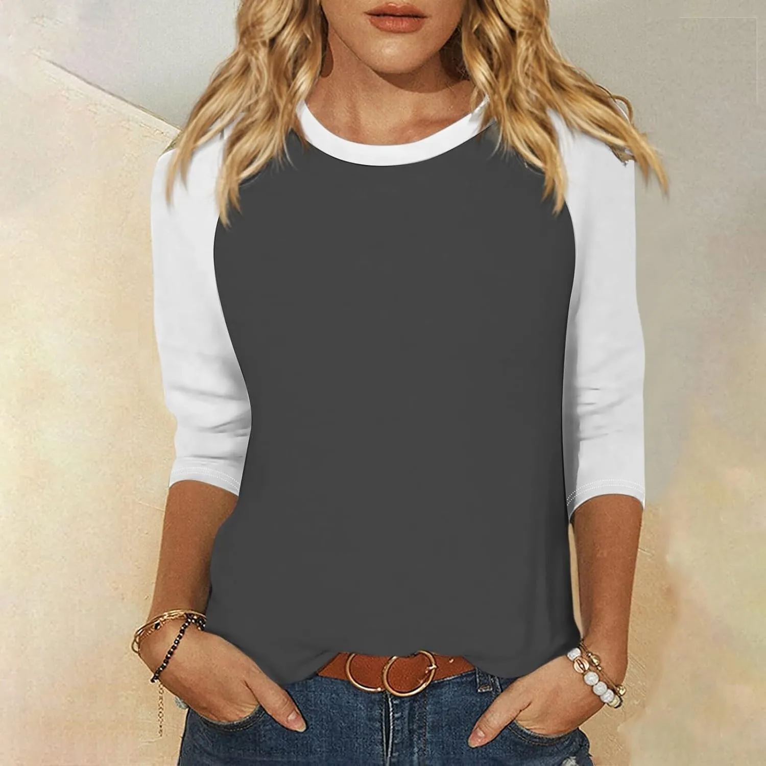 Womens Color Block Tee Crewneck 3/4 Sleeve Summer Top Pullover Lightweight Stretch Soft T Shirts 2025 Trendy Outfits