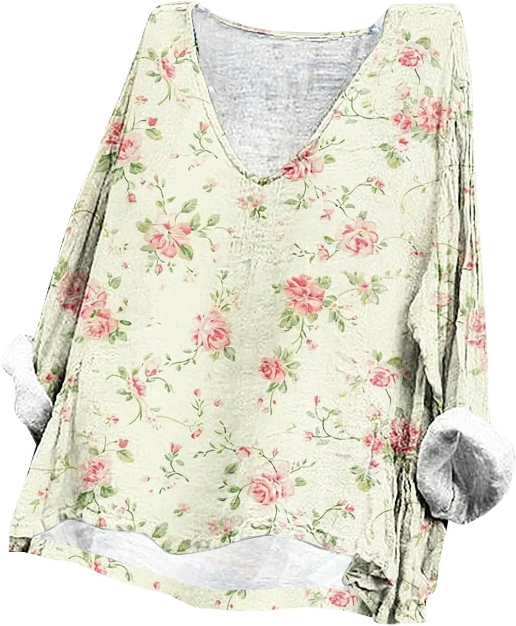 Women's Cotton Linen Shirts Easter V Neck 3/4 Sleeve Spring Soft Tunic Tops Summer Plus Size Boho Blouses 2025 S-5X