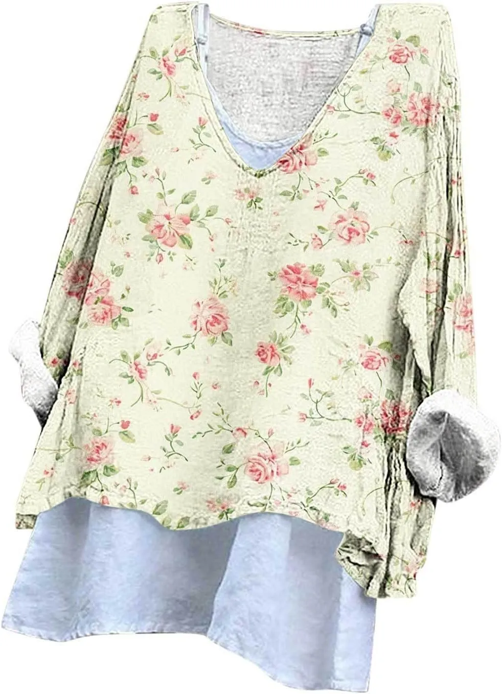Women's Cotton Linen Shirts Easter V Neck 3/4 Sleeve Spring Soft Tunic Tops Summer Plus Size Boho Blouses 2025 S-5X