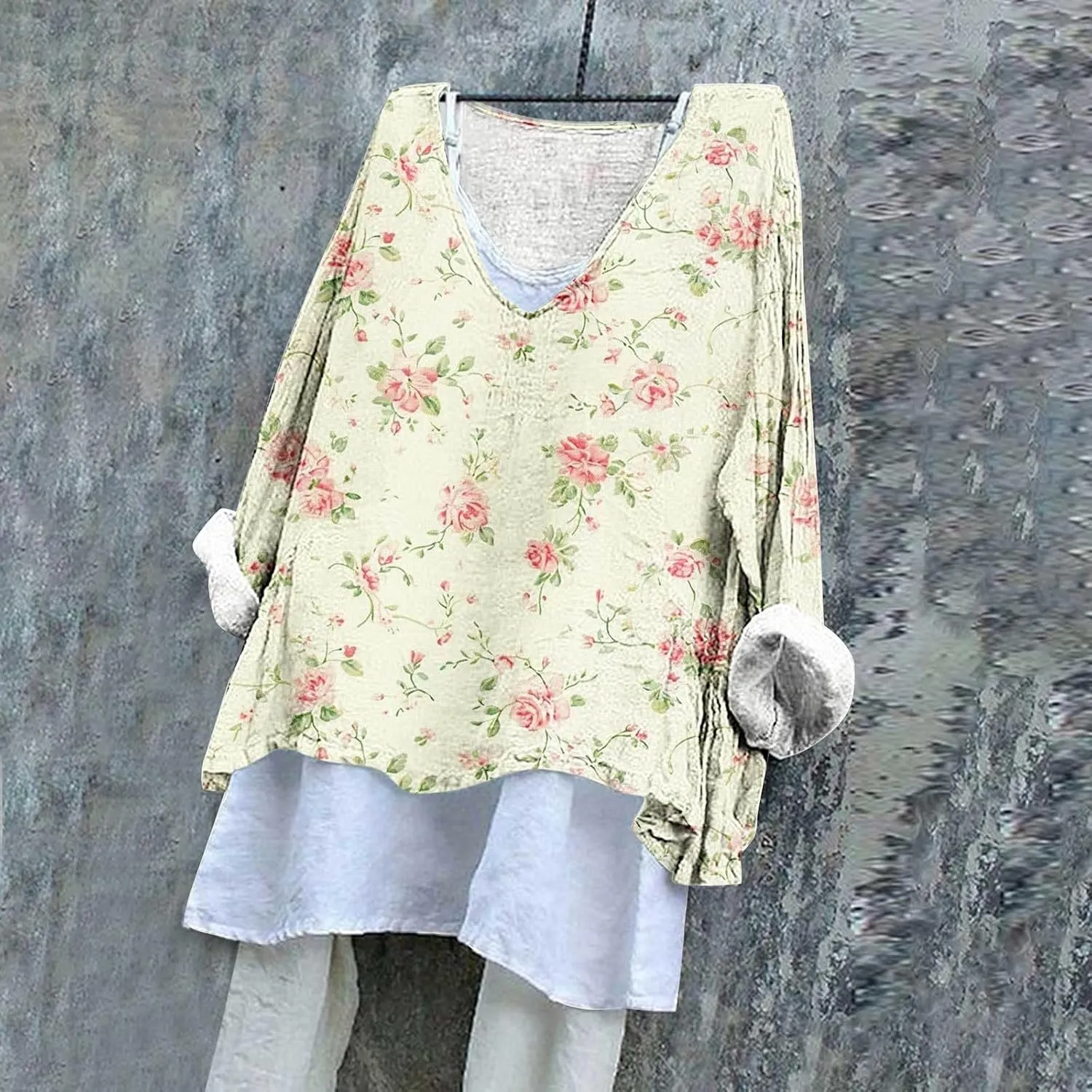 Women's Cotton Linen Shirts Easter V Neck 3/4 Sleeve Spring Soft Tunic Tops Summer Plus Size Boho Blouses 2025 S-5X