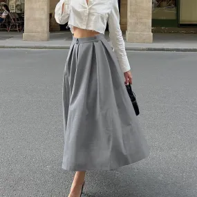 Women's Elegant Grey High-Waisted Pleated A-Line Skirt for Office and Casual Wear