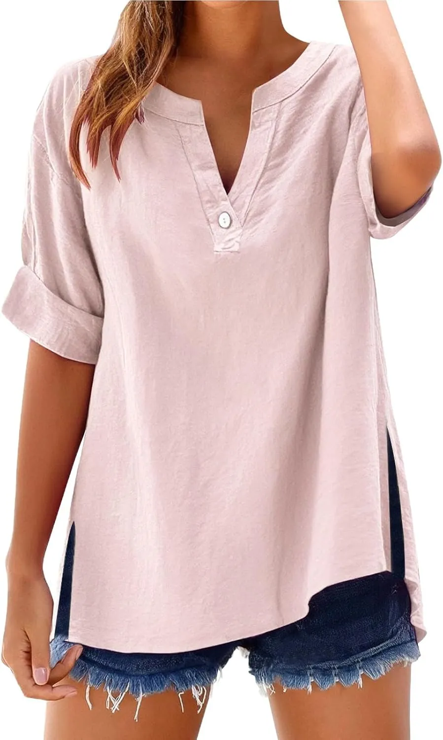 Womens Linen Tops 2025 Cotton Loose fit v-Neck Summer Shirts Oversized Fashion Trendy Soft Plus Size Tshirts