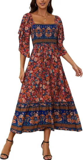 Women's Long Maxi Dress Sexy Off Shoulder Floral Dress Ruffle Short Sleeve Smocked Flowy A Line Boho Dress