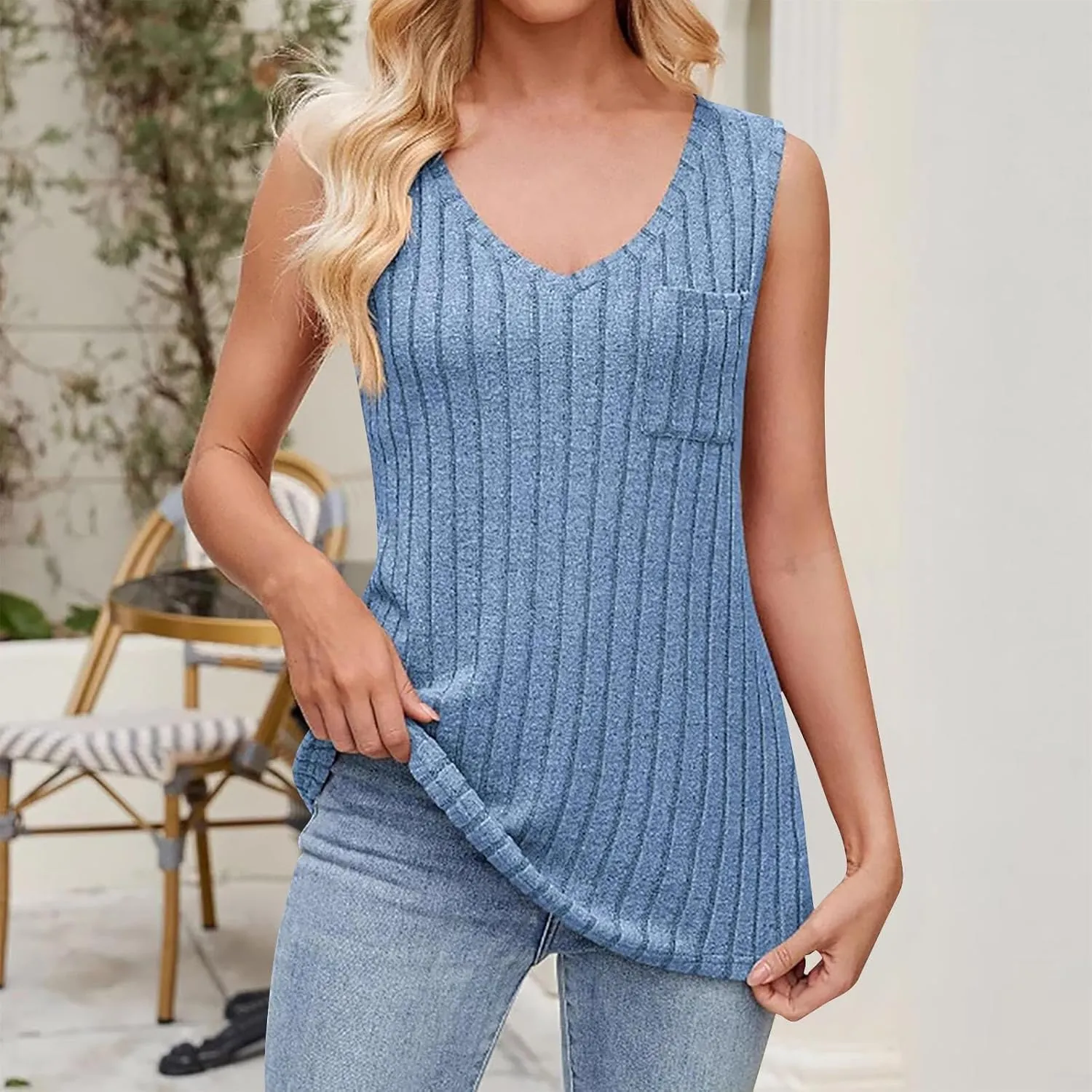 Women's Long Tank Tops Knit Sleeveless Casual Cozy T-Shirt V Neck Splicing Blouses Fashion Cozy Tanks with Pocket