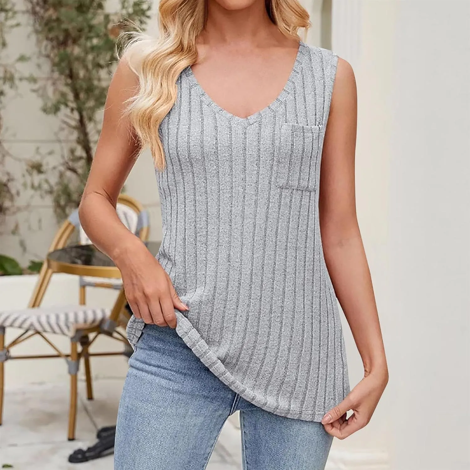 Women's Long Tank Tops Knit Sleeveless Casual Cozy T-Shirt V Neck Splicing Blouses Fashion Cozy Tanks with Pocket