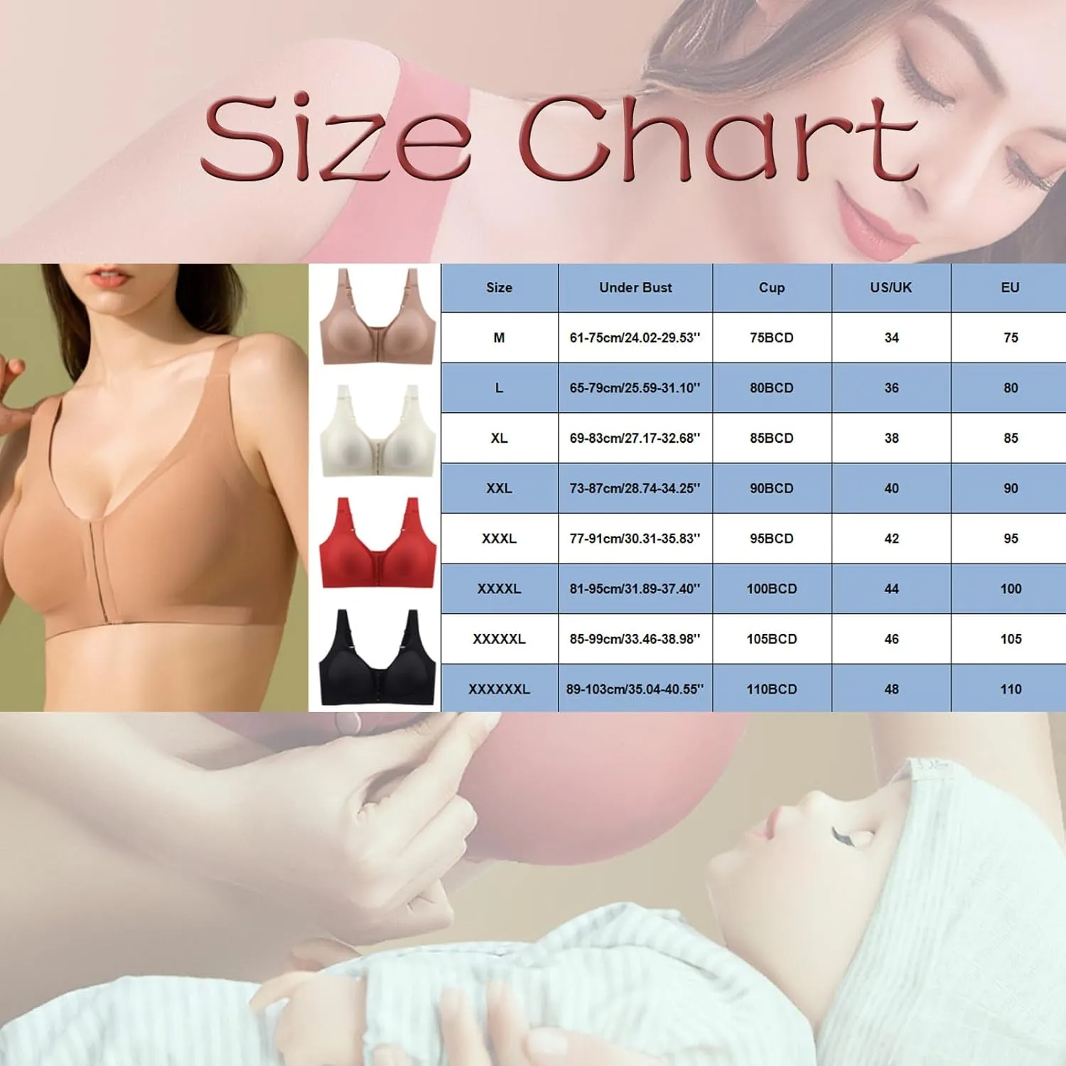 Women's Plus Size Wireless Bra with Front Closure Seamless Back Comfortable and Adjustable for Side Breast
