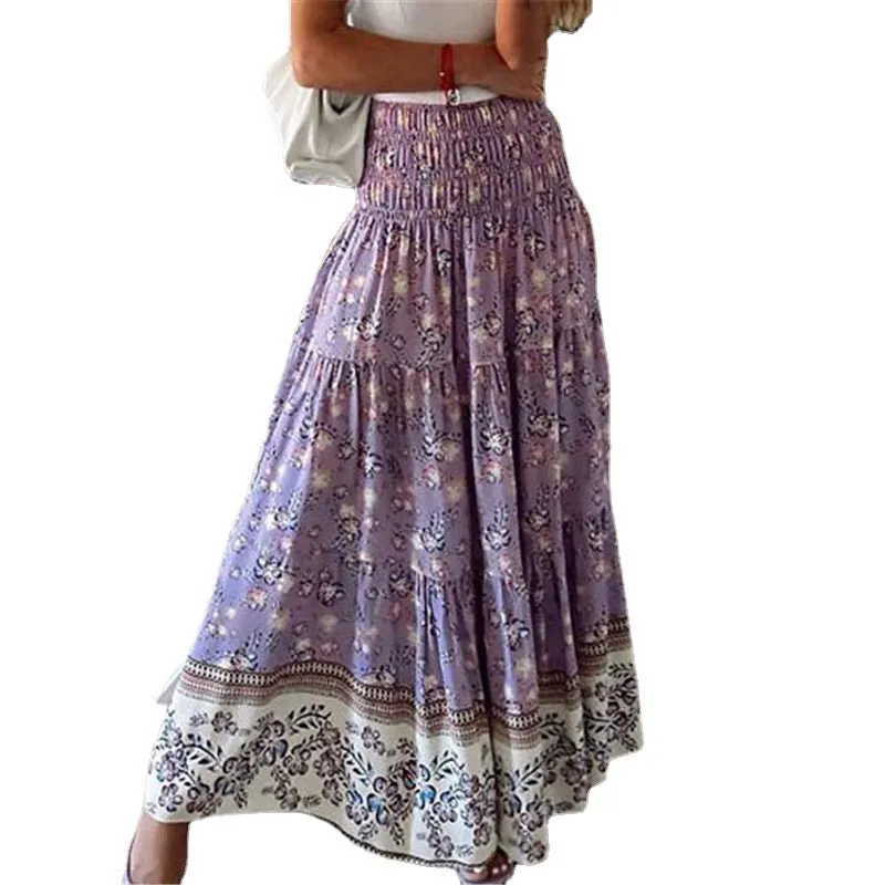 Women's Printed Polyester Fiber Casual High Waist Long Skirt