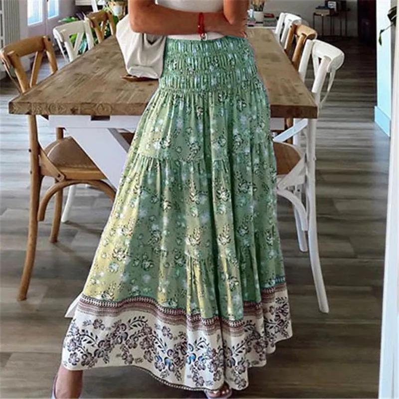 Women's Printed Polyester Fiber Casual High Waist Long Skirt