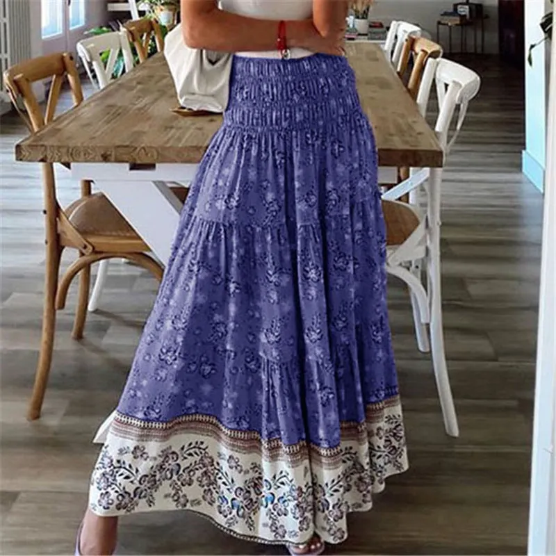 Women's Printed Polyester Fiber Casual High Waist Long Skirt