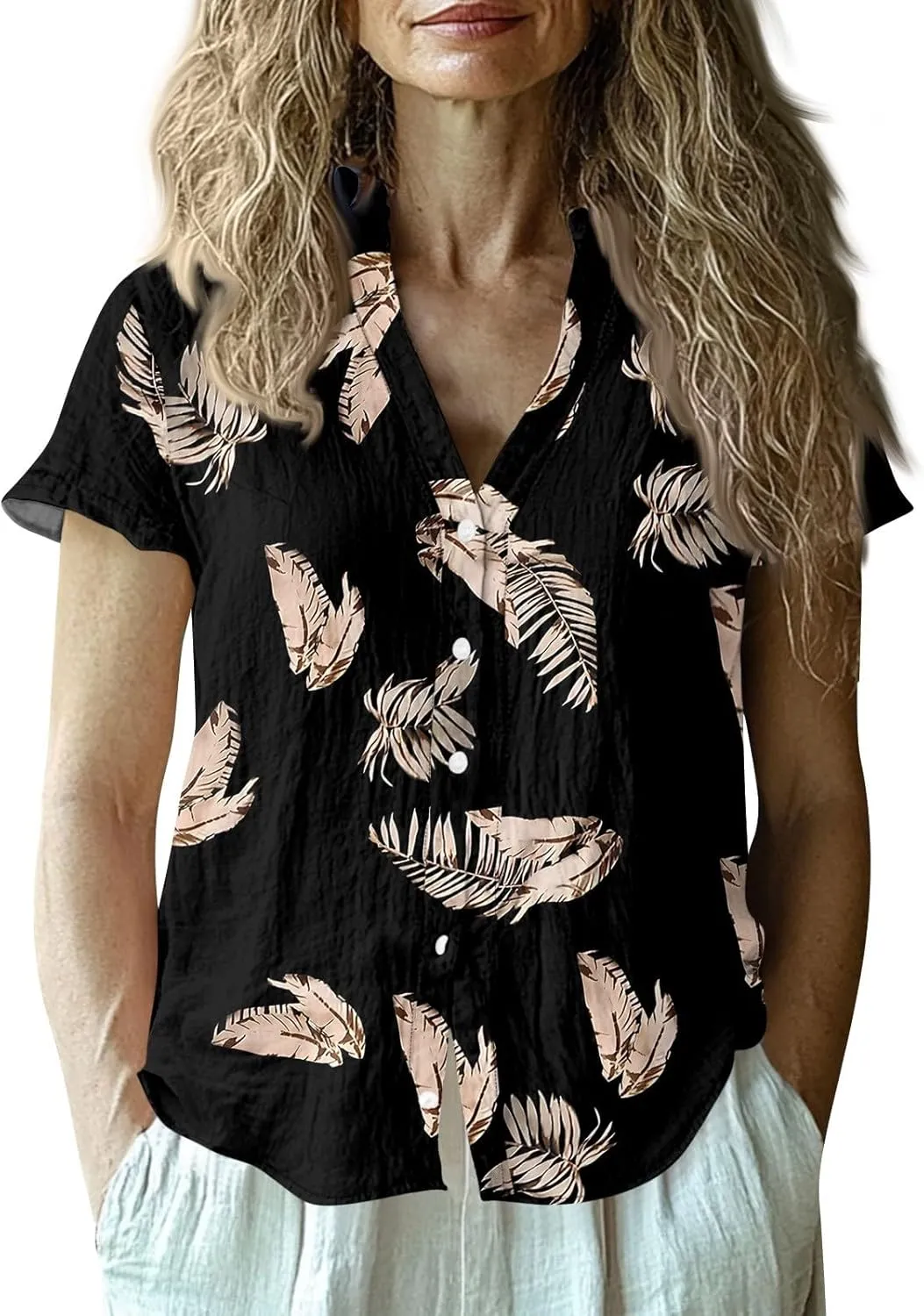 Womens Short Sleeve Casual Print Button Down Shirts Summer Soft Fashion Cotton Linen Blouses Tops Trendy