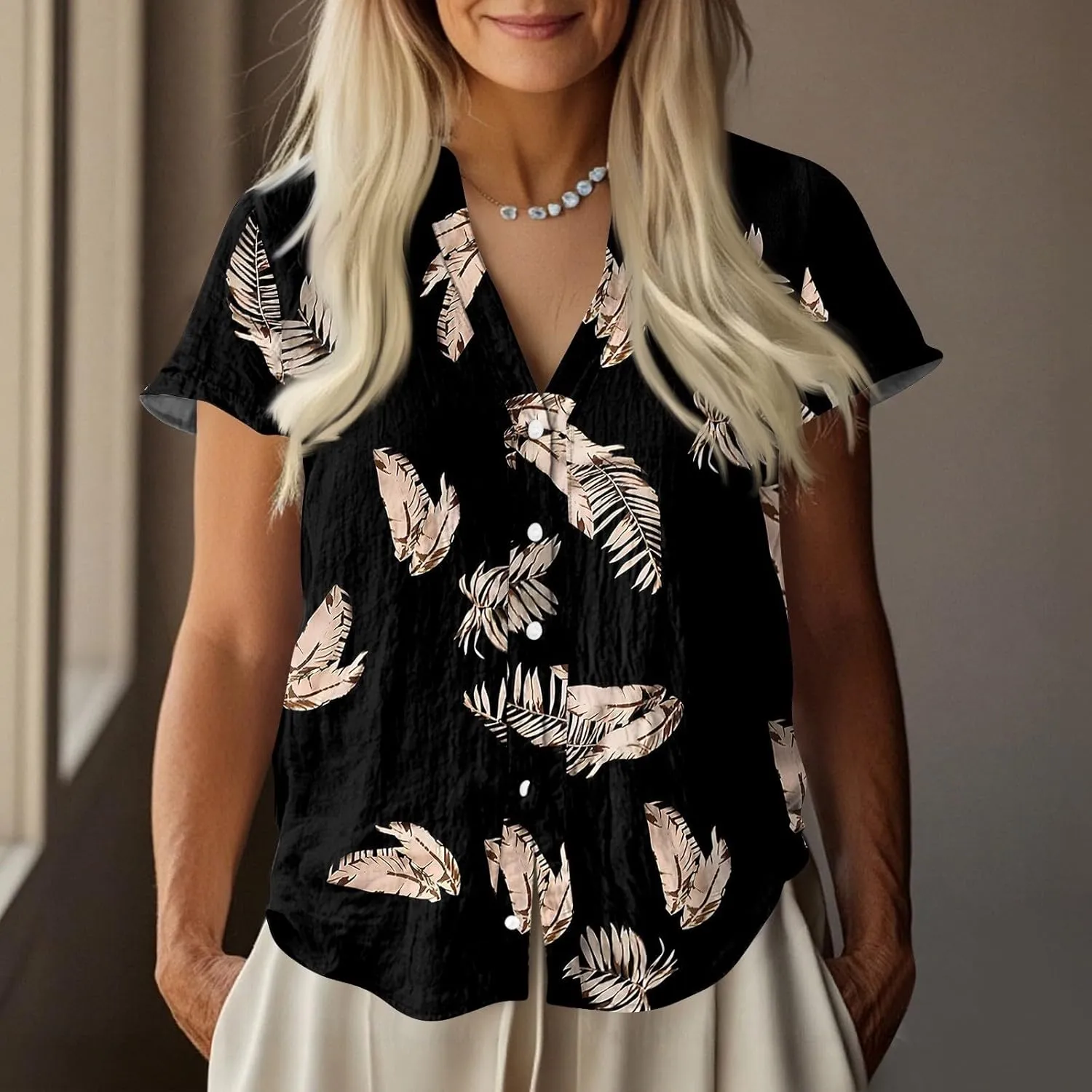 Womens Short Sleeve Casual Print Button Down Shirts Summer Soft Fashion Cotton Linen Blouses Tops Trendy