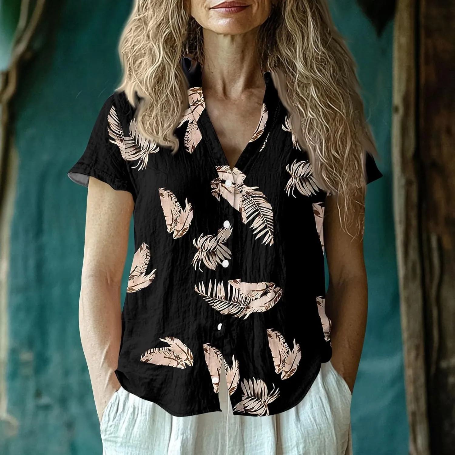 Womens Short Sleeve Casual Print Button Down Shirts Summer Soft Fashion Cotton Linen Blouses Tops Trendy